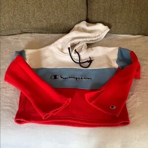 Gently Loved Champion Red and Blue Hoodie Crop Top #90’s Wear
